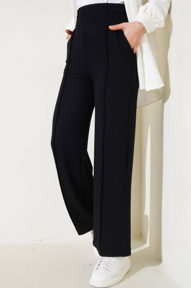 Geniş Bel Lastikli Çımalı Pantolon Siyah - Yılın Fırsatı