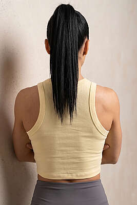 Geniş Biye Detaylı Crop Sarı - Sporcu Sütyeni 