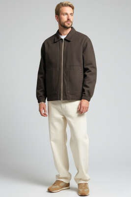 Geniş Cepli Fermuarlı Erkek Ceket Kahve - Erkek Ceket