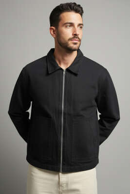 Geniş Cepli Fermuarlı Erkek Ceket Siyah 
