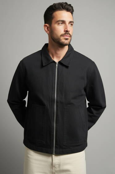 Geniş Cepli Fermuarlı Erkek Ceket Siyah - Erkek Ceket