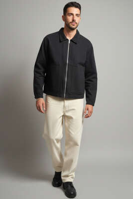 Geniş Cepli Fermuarlı Erkek Ceket Siyah - Erkek Ceket