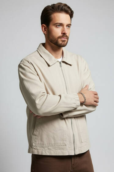 Geniş Cepli Fermuarlı Erkek Ceket Taş - Erkek Ceket