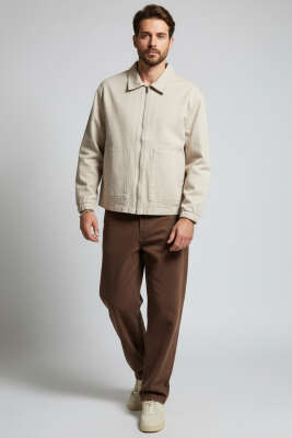 Geniş Cepli Fermuarlı Erkek Ceket Taş - Erkek Ceket