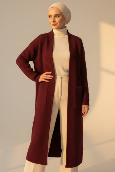 Geniş Cepli Uzun Triko Hırka Bordo - Hırka