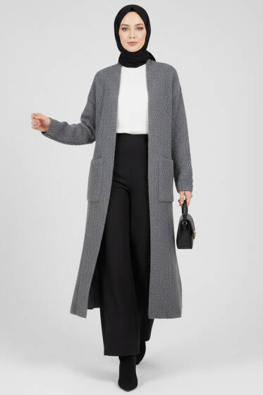 Geniş Cepli Uzun Triko Hırka Füme - Hırka