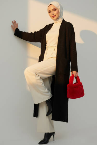 Geniş Cepli Uzun Triko Hırka Siyah - Hırka