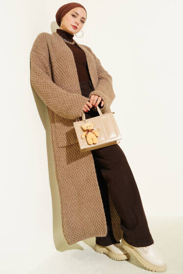 Geniş Cepli Uzun Triko Hırka Vizon - Hırka