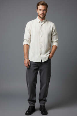 Geniş Çizgili Erkek Keten Gömlek Gri - Erkek Gömlek
