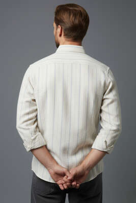 Geniş Çizgili Erkek Keten Gömlek Gri - Erkek Gömlek