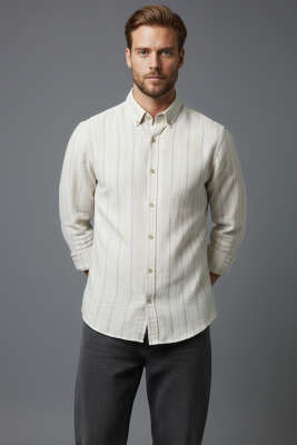 Geniş Çizgili Erkek Keten Gömlek Gri 