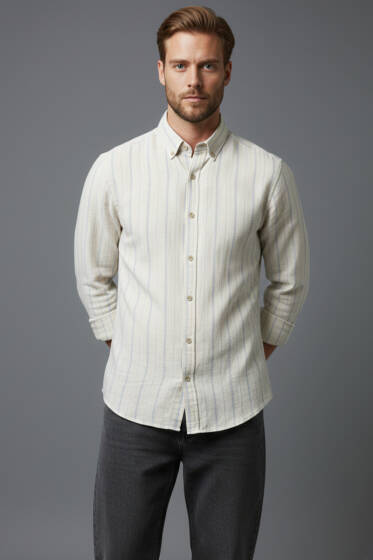 Geniş Çizgili Erkek Keten Gömlek Gri - Erkek Gömlek