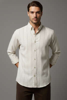 Geniş Çizgili Erkek Keten Gömlek Latte 