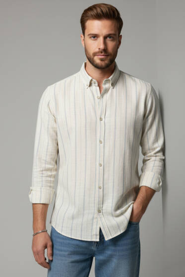Geniş Çizgili Erkek Keten Gömlek Yeşil - Erkek Gömlek