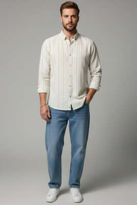 Geniş Çizgili Erkek Keten Gömlek Yeşil - Erkek Gömlek