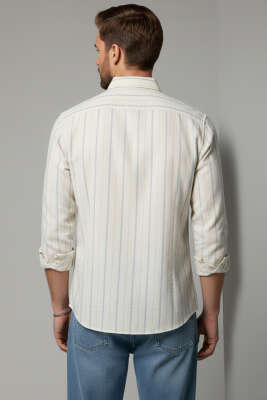 Geniş Çizgili Erkek Keten Gömlek Yeşil - Erkek Gömlek