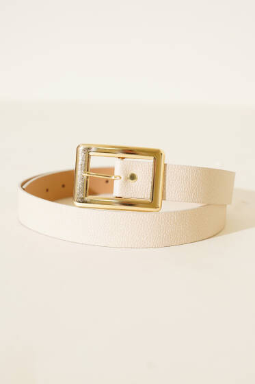 Geniş Dikdörtgen Tokalı Kemer Bej - Deri Kemer