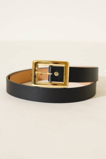 Geniş Dikdörtgen Tokalı Kemer Siyah - Deri Kemer