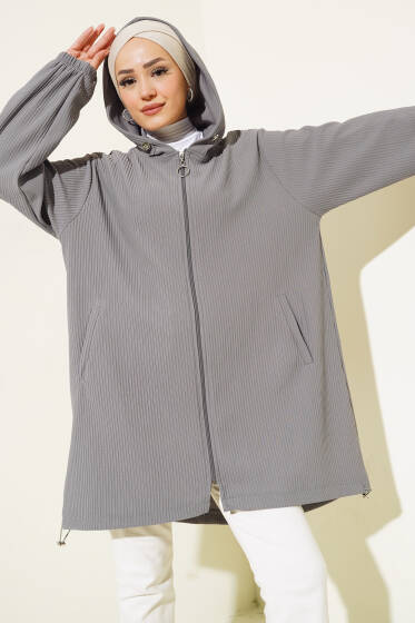 Geniş Fitilli Fermuarlı Hırka Gri - Hırka