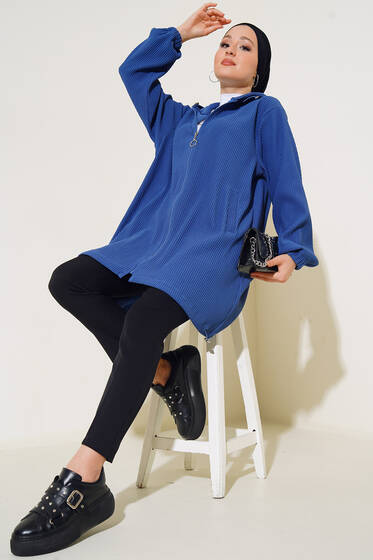 Geniş Fitilli Fermuarlı Hırka İndigo - Hırka