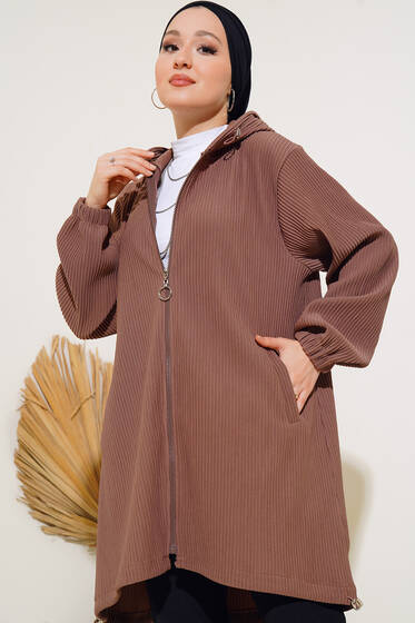 Geniş Fitilli Fermuarlı Hırka Kahve - Hırka