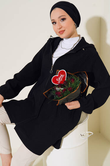 Geniş Fitilli Fermuarlı Hırka Siyah - Hırka