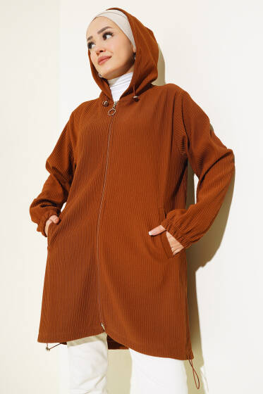 	 Geniş Fitilli Fermuarlı Hırka Taba - Hırka