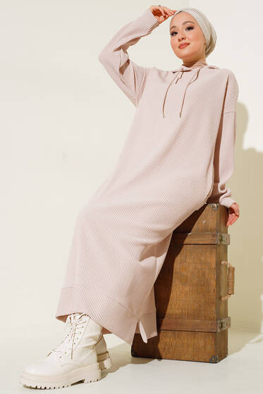 Geniş Fitilli Kapüşonlu Elbise Bej - Tesettür Elbise