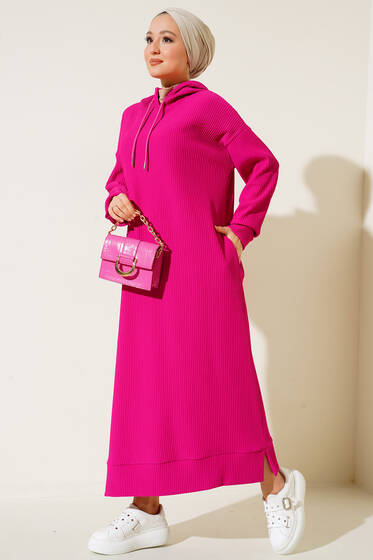 Geniş Fitilli Kapüşonlu Elbise fuşya - Tesettür Elbise