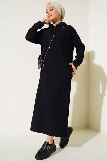 Geniş Fitilli Kapüşonlu Elbise Siyah - Tesettür Elbise