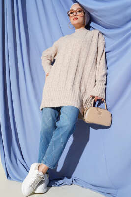 Geniş Fitilli Triko Yumoş Tunik Bej - Tunik