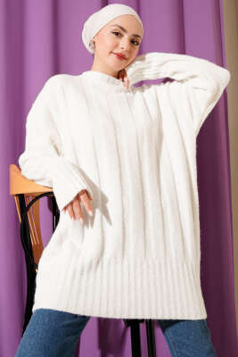 Geniş Fitilli Triko Yumoş Tunik Ekru - VANİZA TRİKO