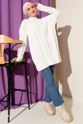 Geniş Fitilli Triko Yumoş Tunik Ekru - Tunik