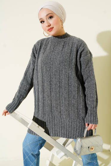 Geniş Fitilli Triko Yumoş Tunik Füme - Tunik