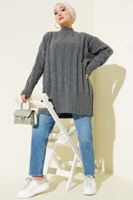 Geniş Fitilli Triko Yumoş Tunik Füme - Tunik