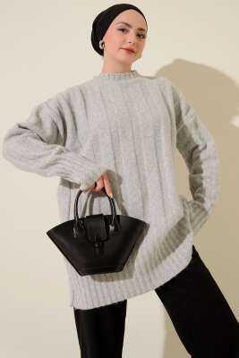 Geniş Fitilli Triko Yumoş Tunik Gri - VANİZA TRİKO