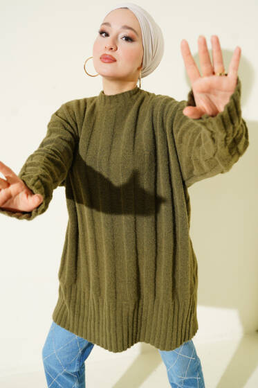 Geniş Fitilli Triko Yumoş Tunik Haki - Tunik