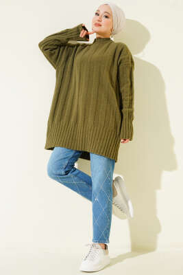 Geniş Fitilli Triko Yumoş Tunik Haki - Tunik