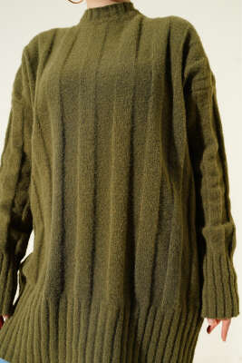 Geniş Fitilli Triko Yumoş Tunik Haki - Tunik