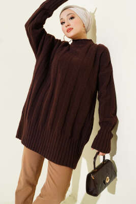 Geniş Fitilli Triko Yumoş Tunik Kahve - VANİZA TRİKO