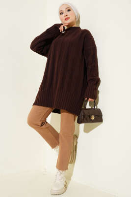 Geniş Fitilli Triko Yumoş Tunik Kahve - Tunik
