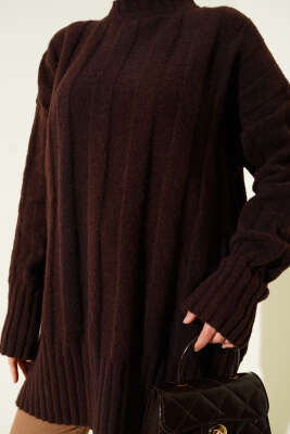 Geniş Fitilli Triko Yumoş Tunik Kahve - Tunik