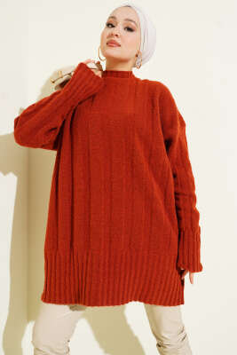 Geniş Fitilli Triko Yumoş Tunik Kiremit 