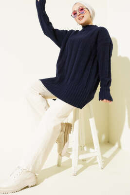 Geniş Fitilli Triko Yumoş Tunik Lacivert 