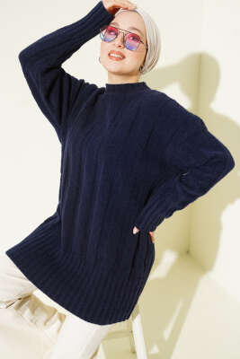 Geniş Fitilli Triko Yumoş Tunik Lacivert - Tunik