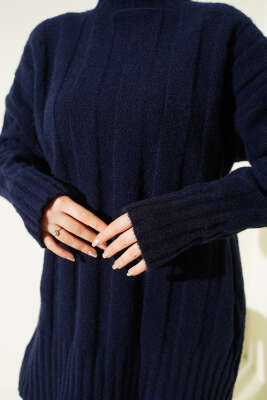 Geniş Fitilli Triko Yumoş Tunik Lacivert - Tunik