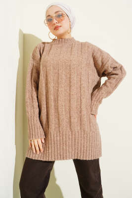 Geniş Fitilli Triko Yumoş Tunik Latte - Tunik