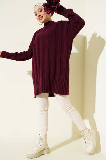 Geniş Fitilli Triko Yumoş Tunik Mürdüm - Tunik