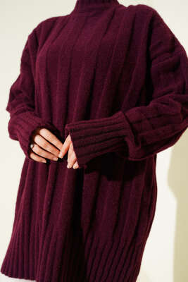Geniş Fitilli Triko Yumoş Tunik Mürdüm - Tunik
