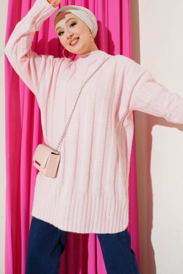 Geniş Fitilli Triko Yumoş Tunik Pembe - Tunik